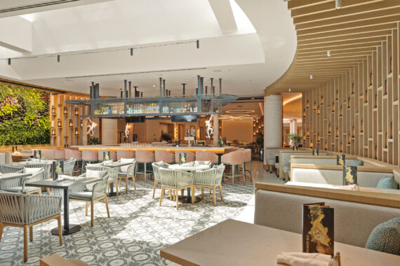 Light and airy restaurant with monkey decor