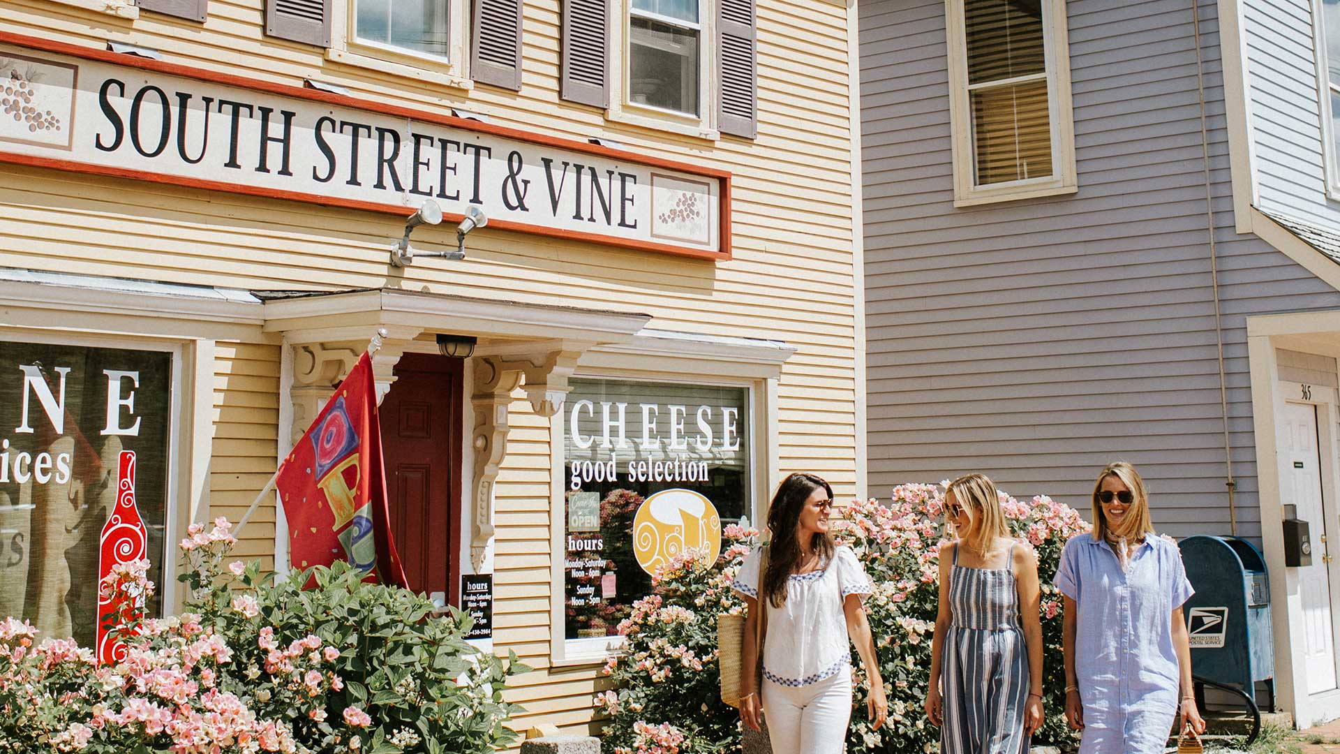 A group of girlfriends stroll through Portsmouth, NH.